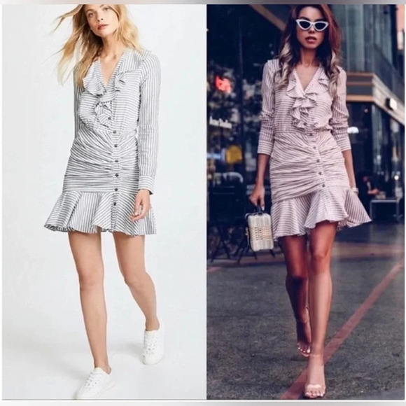 Veronica Beard Kai Blue & White Striped Ruffle Button Front Mini Dress - Picture 2 of 6